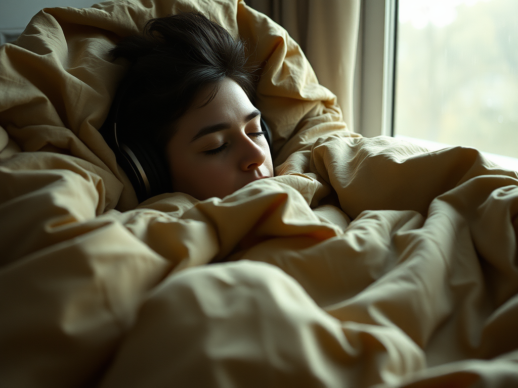 一個溫暖的房間裡,一個人舒適地蜷縮在床上,身體被厚重的棉被和毯子完全包裹住,只露出戴著大型耳罩式耳機的側臉,閉著眼睛安穩地休息。窗外是柔和的雨天景色。