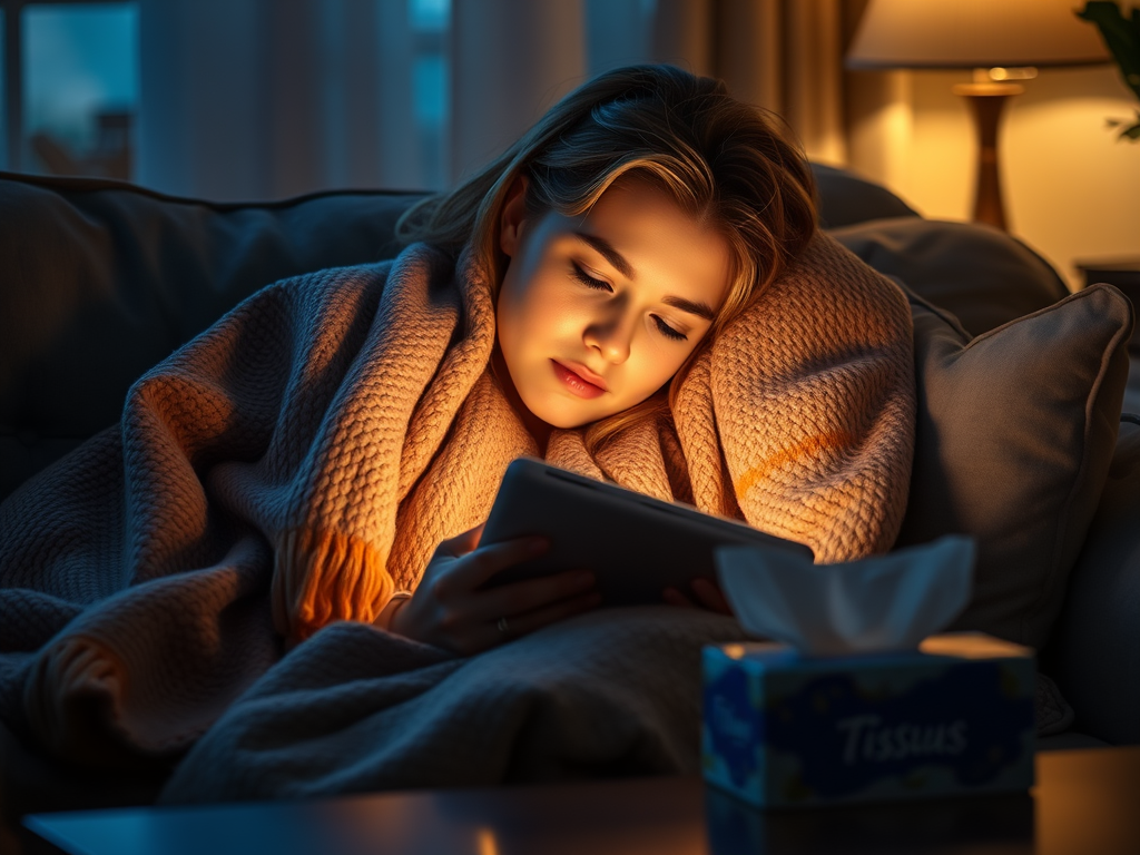 一個人在溫暖的夜晚蜷縮在沙發上,蓋著毯子專注地看著發光的平板電腦追劇。臉上被螢幕的光線照亮,被劇情觸動而流露出釋放情緒的神情。