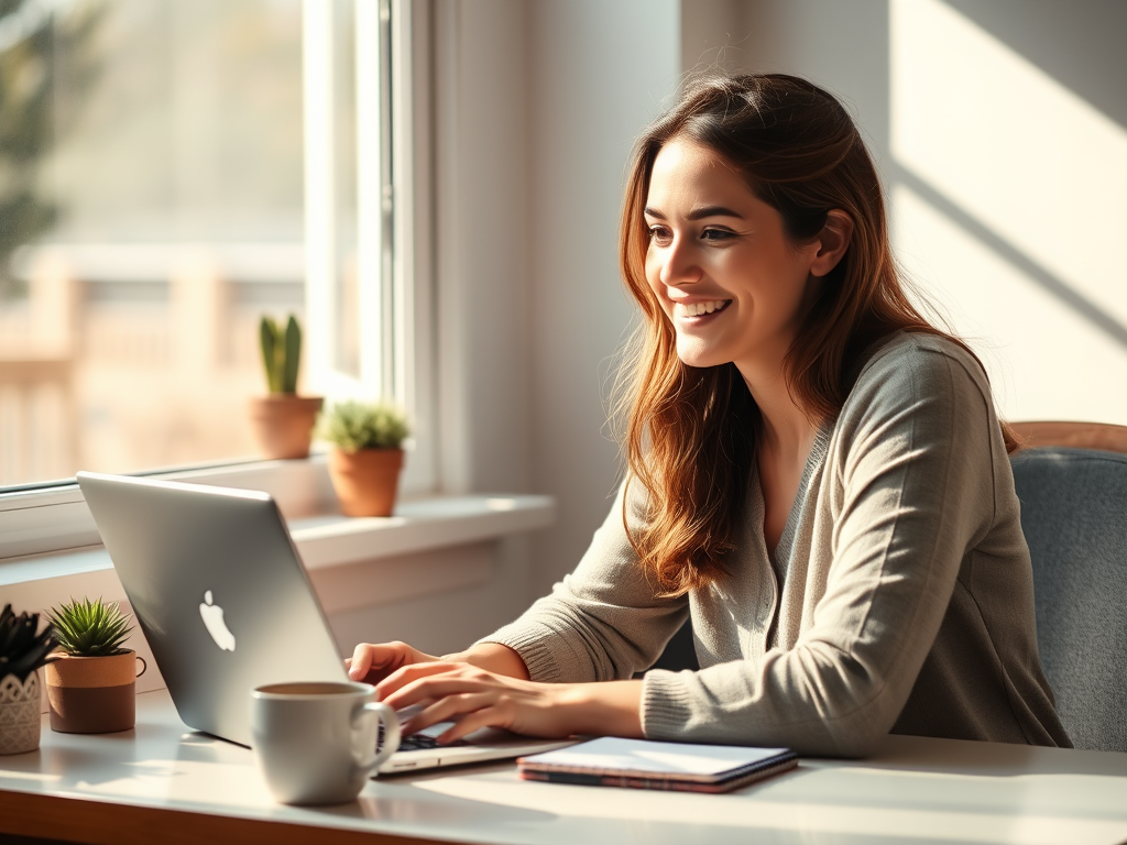 在明亮通透的晨光中,一個人坐在整潔的書桌前專注地整理作品集,看著電腦螢幕露出充滿自信與自我肯定的微笑,眼神清澈,準備好迎接新的職涯篇章。