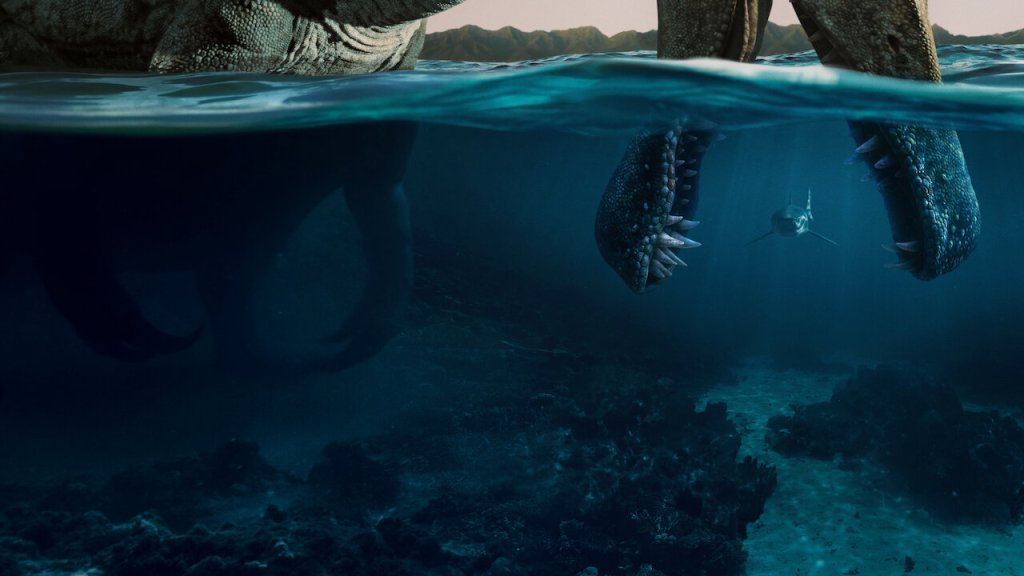 Netflix 紀錄片《恐龍時代:你不知道的故事》(The Dinosaurs) 有棘龍在海上捕鯊魚的畫面。